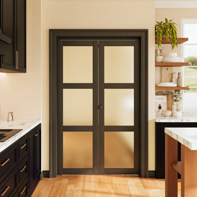 Black 3-Lite 78" Bi-fold Frosted Glass Sliding Closet Doors Solid Manufactured Wood French Doors With Installation Hardware Kit 32" x 80"