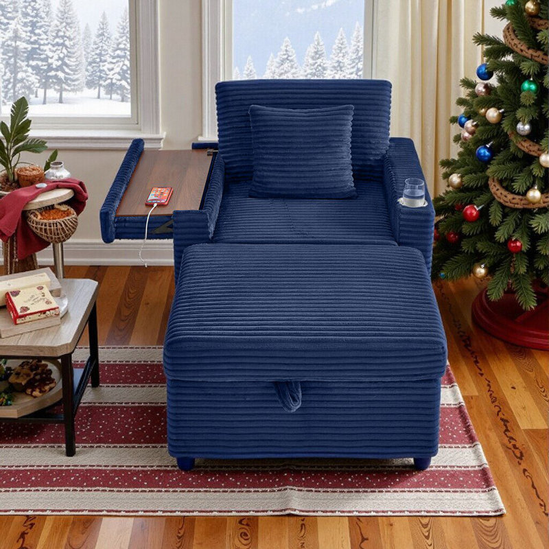 Canapé de rangement moelleux en velours côtelé avec repose-pieds et table, siège supplémentaire pour le salon, Bleu