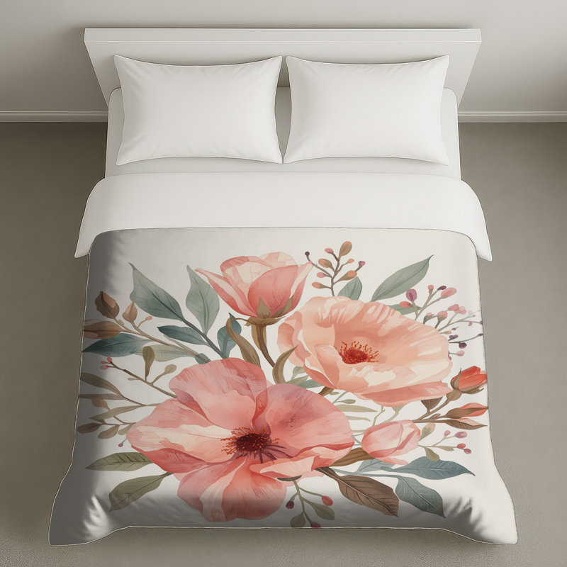 Housses de couette roses à motif floral, Grand lit