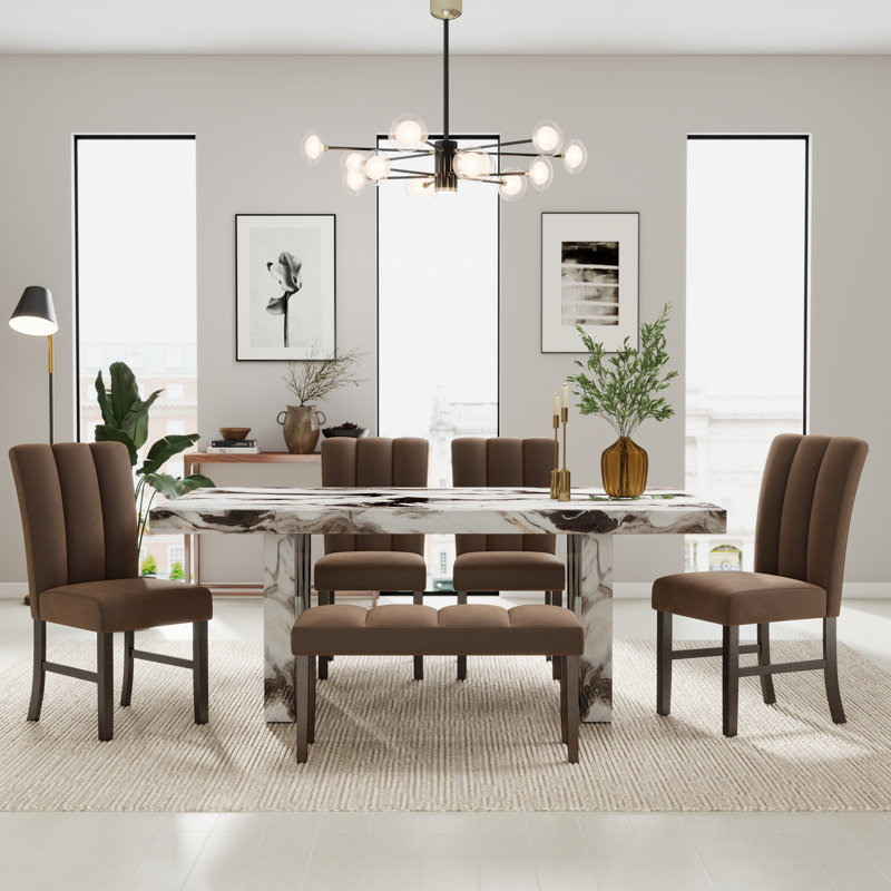 Ensemble de salle à manger 6 pièces à double piédestal avec 4 chaises rembourrées et un banc Roundhill Furniture