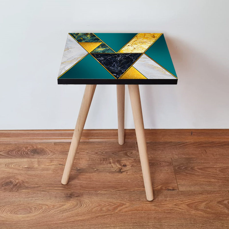 Table d'appoint moderne, vert et blanc avec accents dorés et noirs, 13,8 po x 16,5 po x 13,8 po | 100% panneau de fibres à densité moyenne avec pieds en bois de hêtre, épaisseur: 0,7 pouce | Conception géométrique élégante, parfaite pour le salon et la chambre à coucher