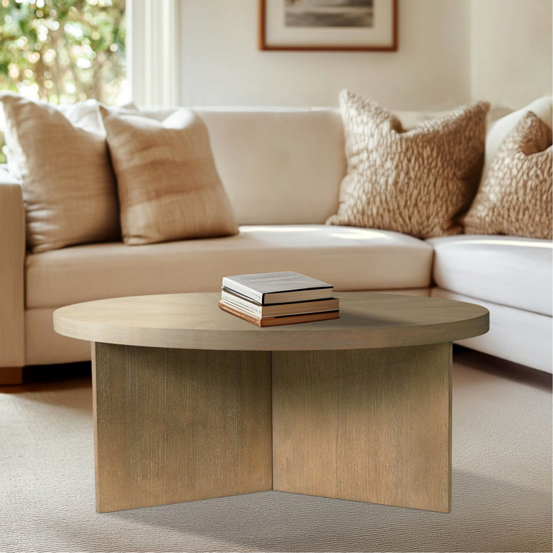 Table basse ronde en grège recyclé avec placage massif de style 36 po, H 16,5 po, assemblage facile à nettoyer, plateau en placage de 36 po de largeur et 16,5 po de hauteur