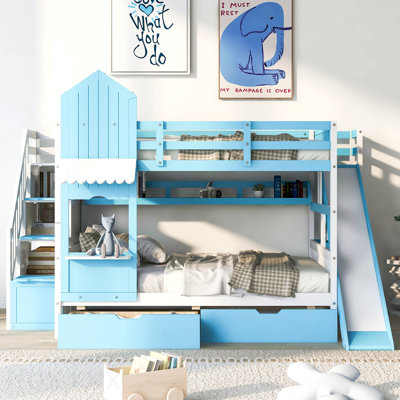 Full-Over-Full Castle Style Bunk Bed With 2 Drawers 3 Shelves And Slide - Blue