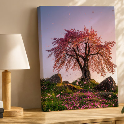Canvas A Majestic Cherry Blossom Tree Stands Prominently Against A Soft Wall Art Pastel Sky Its Branches Heavy With Vibrant Pink Canvas Wall Art