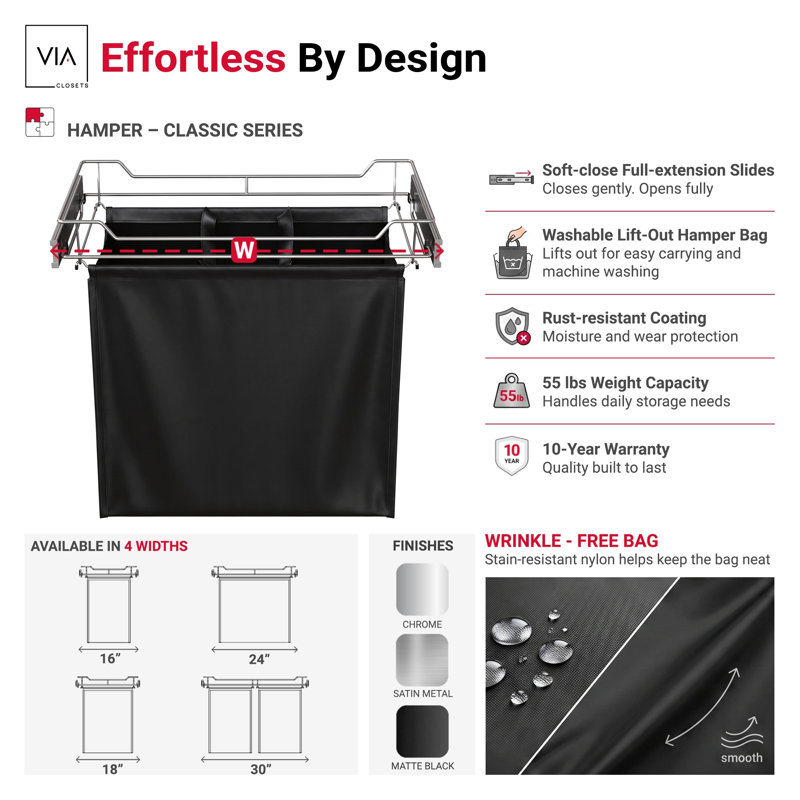 Full Extension Classic Chrome Slide-out Laundry Hamper for Cabinets with Removable Bag (30" Width), 30", Chrome