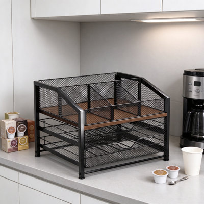 Coffee Bar Organizer with Adjustable Dividers, Metal and Wood Coffee Pod Holder Stand, Multi-Tier Storage for K-Cups, Syrup Bottles, Mugs and Tea Bags
