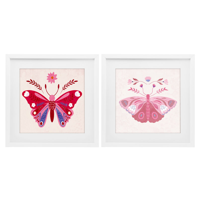 «Pink Folk Butterflies», ensemble de 2 reproductions encadrées sous verre, par Kim Allen, H 16 po x l 16 po