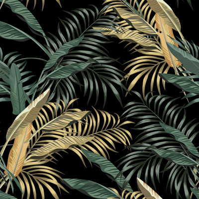 Euramo Tropical Banana Leaves Seamless Black Background 1 Piece Wrapped Canvas Wall Art
