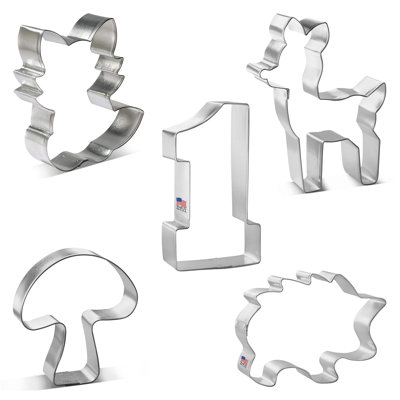 Cookiecutter.Com 5 Piece Woodland Birthday Cookie Cutter Set Fawn Deer, Mushroom, Collegiate Number One, Hedge Hog, Cute Fox, Metal Shapes Made In USA -  HS0506