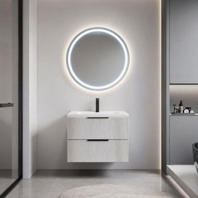 Meuble-lavabo de salle de bain avec lavabo en céramique - Meuble-lavabo flottant mural gris avec tiroirs, moderne