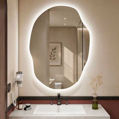 Irregular Teardrop Frameless LED Bathroom Vanity Mirror with Backlit Lighting, Dimmable 3-Color, Anti-Fog
