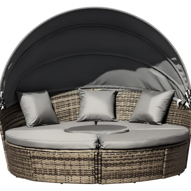 Lit de jour rond convertible 4 pièces pour extérieur, avec auvent rétractable, gris, coussins épais et rembourrés, pieds réglables pour terrain inégal, coussins épais et coussins décoratifs inclus, assemblage requis