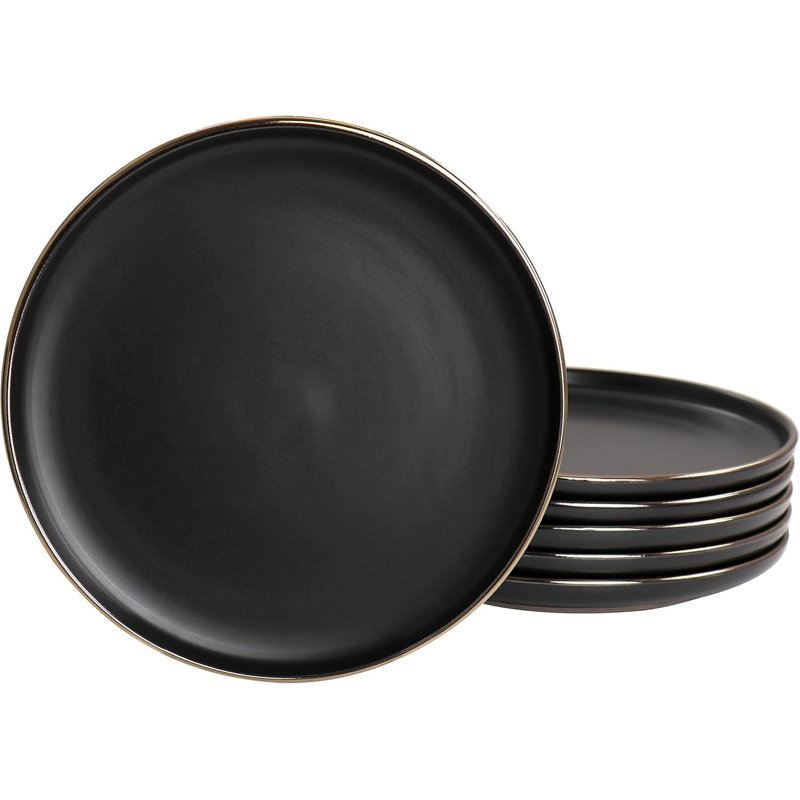 Ensemble d'assiettes en grès 6 pièces, vaisselle ronde avec bordure dorée, assiettes allant au micro-ondes et au lave-vaisselle pour un repas moderne