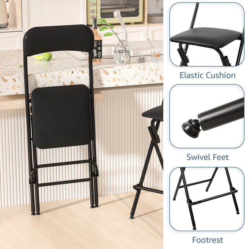 38'' Vinyl-padded Folding Bar Stool  With Footrest, Seat Height 24", Black, Black