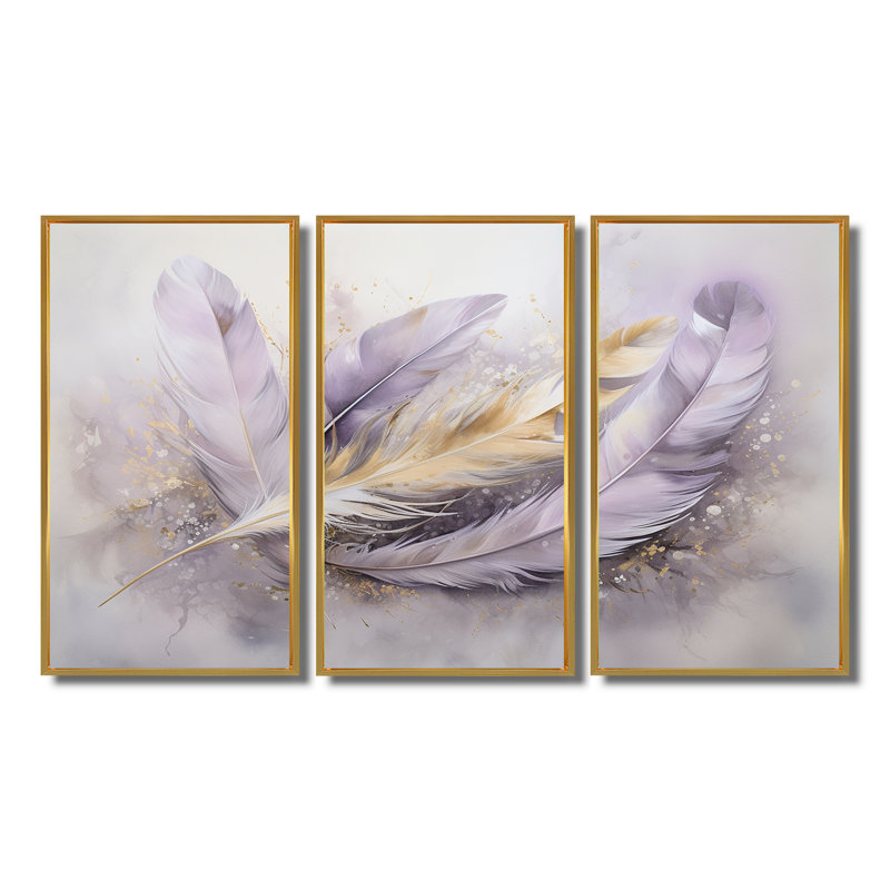 Tavery - Boho Feather Wall Art Set, Gold Floater Framed, 32" H x 48" W x 1" D