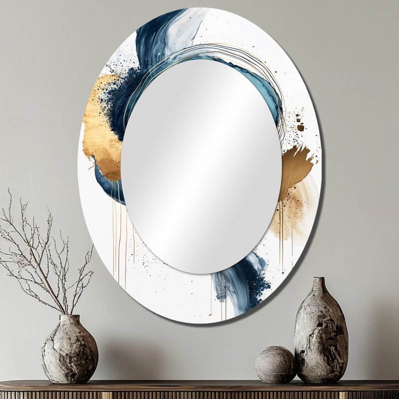 Abstract Gold And Blue Underwater Life I - Gold Oval Wall Mirror Decor, 40" x 30"