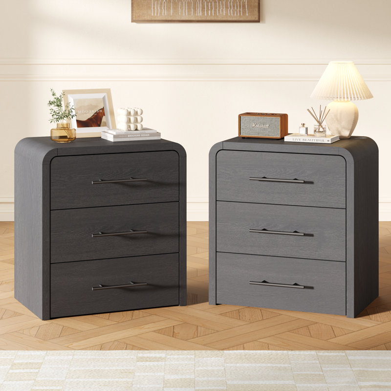 Ovellette 23.5" Curved 3-Drawer Nightstand Set of 2, Gray