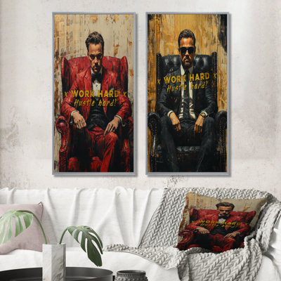 Red Wolf Wall Street Work Hard Motiviation I - Ensemble d'art mural loup de Wall Street 2 pièces