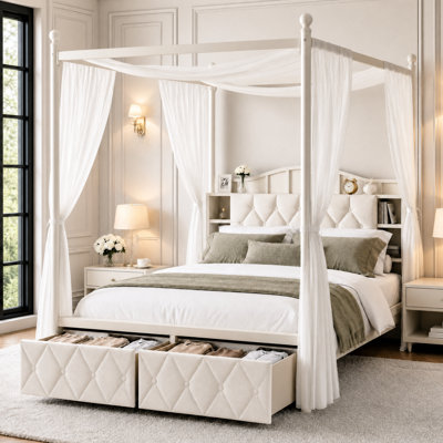 Velvet Upholstered Metal Canopy Storage Bed With LED Light & USB Port, Platform Bed Frame With Headboard & Storage Drawers