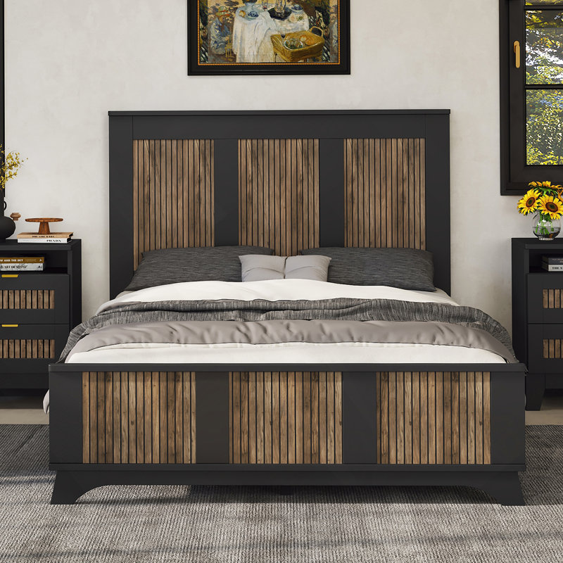 Lit plateforme Farmhouse, lit plateforme moderne avec décoration en bois, Grand, Noir