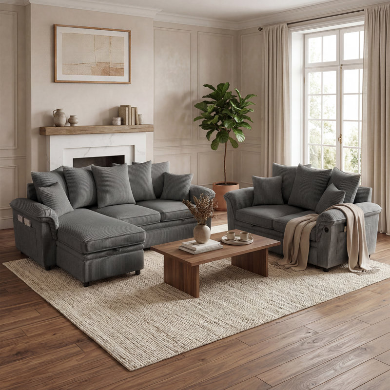  Felipe 90.5'' Upholstered L-shape Modular Sectional with Storage, Pull-out Couch & USB Port, Lena Gray Corduroy