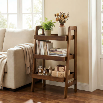 Étagère échelle 100% bois massif, petite bibliothèque échelle 3 niveaux, étagère échelle autoportante avec rangement ouvert, table d'appoint pour salon, chambre à coucher, bureau, bureau à domicile, espace de rangement, noyer