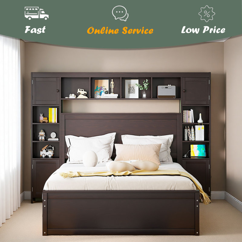Lit en bois avec armoire tout-en-un, tablette et prises, lit gigogne, Grand lit, Espresso