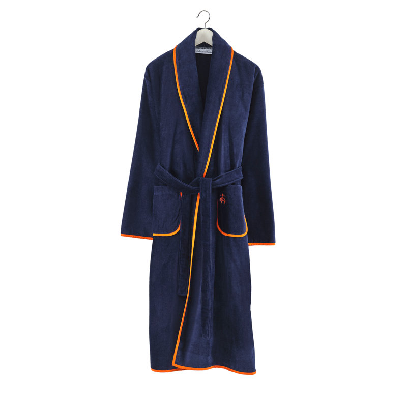 Peignoir 100% coton cheville avec poches, Bleu marine