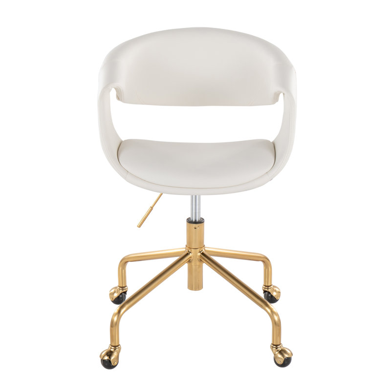 Chaise de travail contemporaine avec base en métal doré et revêtement en similicuir blanc, Simili cuir blanc, Doré