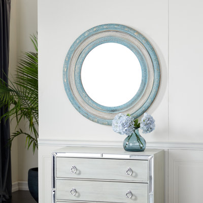 Wooden Distressed Carved Floral Blue Wall Mirror with Gold and Beige Accents