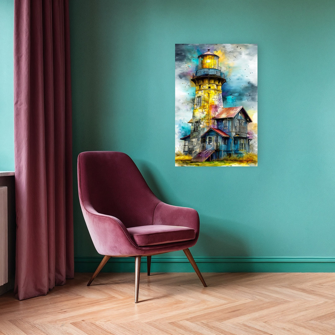 Colorful Watercolor Lighthouse Colorful Dramatic Rustic Architecture Coastal Wall Art Print