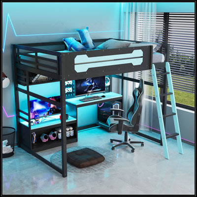 Full Size Wood Loft Bed With Desk, Shelves, LED Lights, USB Ports And Pegboard For Enhanced Storage And Workspace