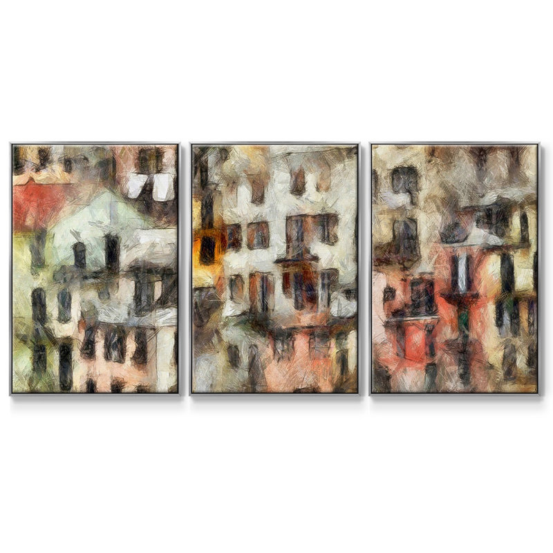 Stacked House I, ensemble de 3 pièces encadrées sur toile, H 36 po x l 72 po, Argent