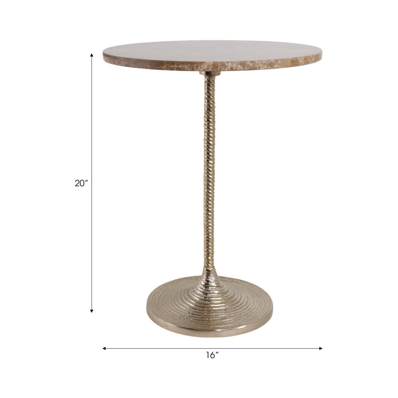 Modern Glam Metal And Marble Accent Table With Sleek Round Top And Textured Pedestal Base, Tan