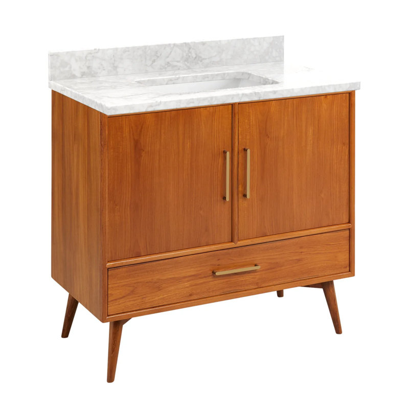 36" Novak Single Bathroom Vanity Set with Rectangular Undermount Sink, Natural Teak, Carrara Marble, No Faucet Hole