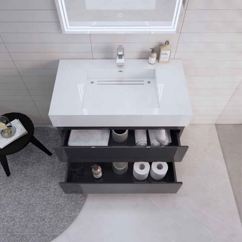 Babajide 35.5 " W Wall Mounted Wall Mounted 1 Single Vanity Bathroom Vanity With Acrylic Top, High Gloss Gray