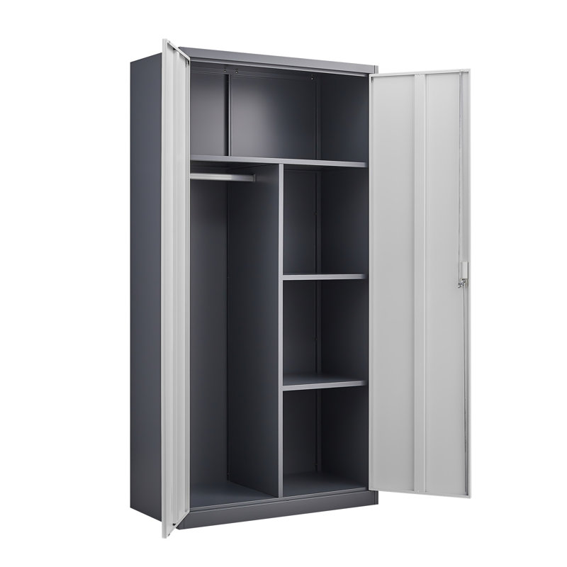 Armoire grande capacité en métal gris avec tringle et compartiments, Blanc
