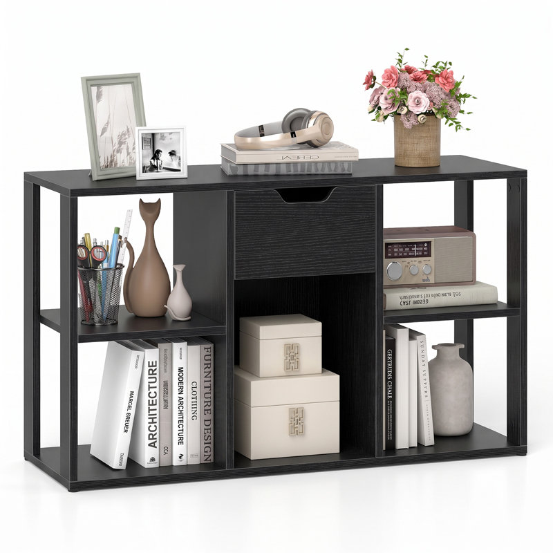 Bibliothèque à 5 cases avec tiroir de rangement, trousse anti-basculement, organisateur de rangement à compartiments noir