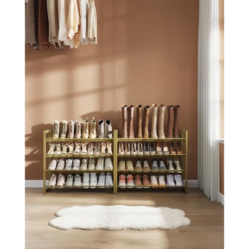 Shoe Rack, 8-Tier Shoe Organizer, Metal Rack For Garage, Set Of 2, 4-Tier Stackable Shelf, With Adjustable Flat Or Angled Shelves, 32-40 Pairs, Pale Gold