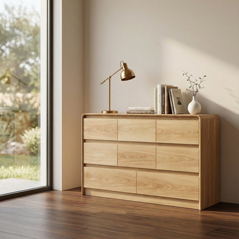 Wood 8 Drawer Dresser for Bedroom, 55 inch Wide Modern Drawer Cabinet with Curved Rounded Corners for Living Room, Bedroom, Hallway