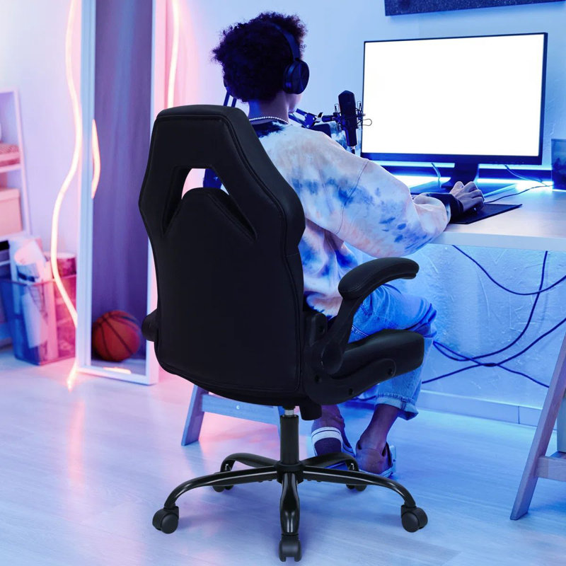N-GEN Adjustable Ergonomic Faux Leather Swiveling PC & Racing Game Office Desk Chair with Flip-Up Arms, Black