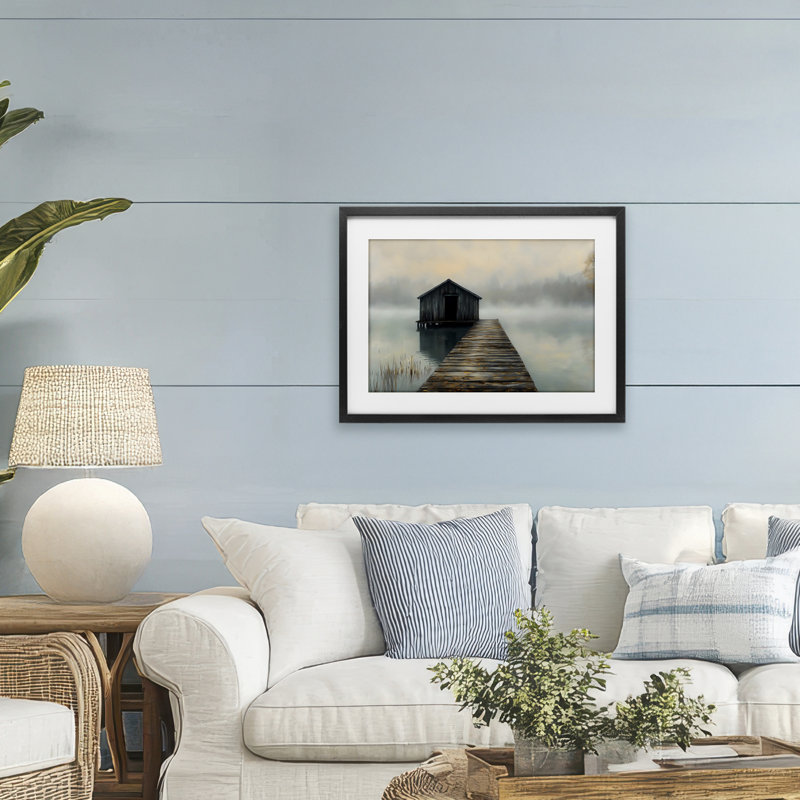 «Lakeside Boathouse Dock», impression sous verre, conception de LSR Creative Studio, H 17 po x l 23 po, Cadre noir minuit