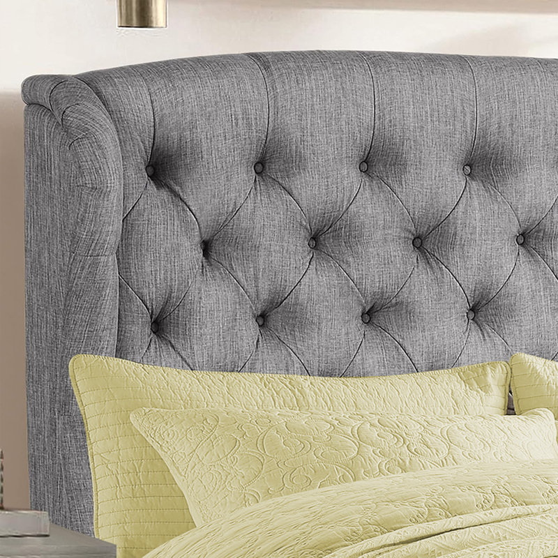 Tête de lit tapissier à oreilles de luxe en lin - Moderne - Hauteur réglable - Capitonnage à boutons, Gris, Très grand lit