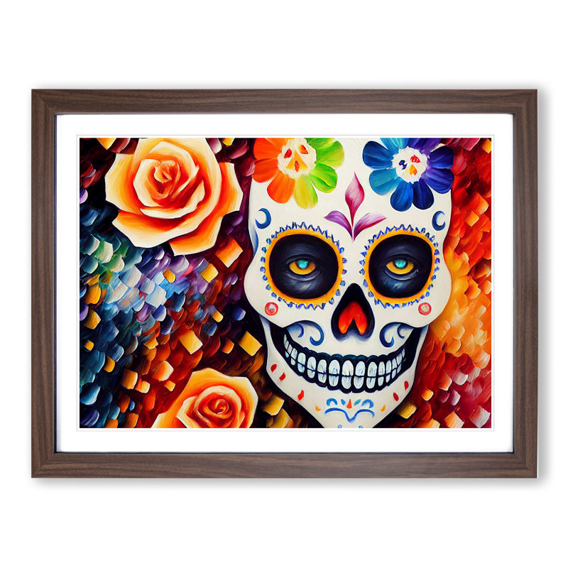 Incredible Floral Sugar Skull - Single Picture Frame Painting, 46cm H x 64cm W x 2cm D, Walnut