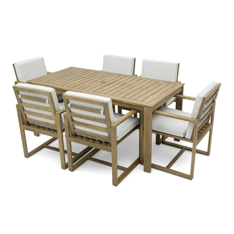 Ensemble repas 7 pièces en bois d'acacia avec coussins amovibles Eastmane, Teck clair