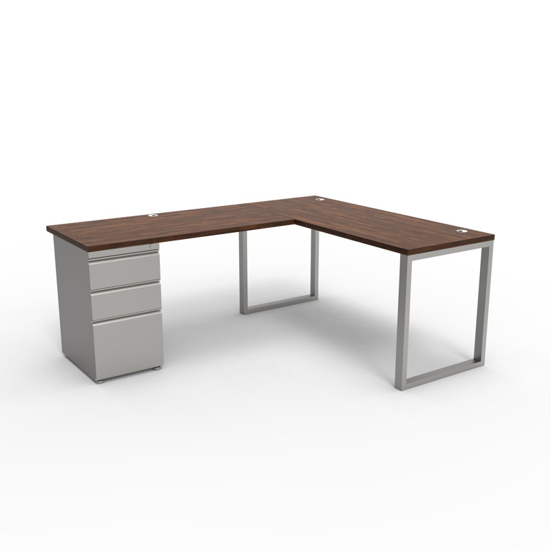 The City, Modern L-Shaped Office Desk for Office and Home, Walnut Block Top with Brushed Silver Frame, Walnut Block/Silver
