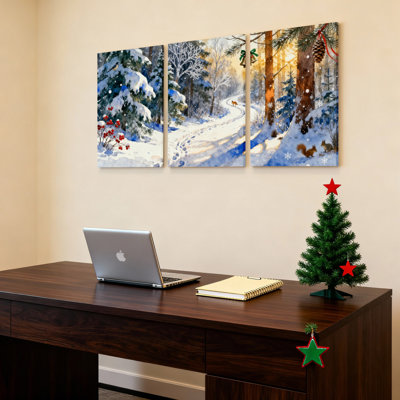 Hiver, forêt, paysage de neige, toile tendue, reproduction d'art sur toile, ensemble de 3, pour salon, chambre à coucher, décoration intérieure