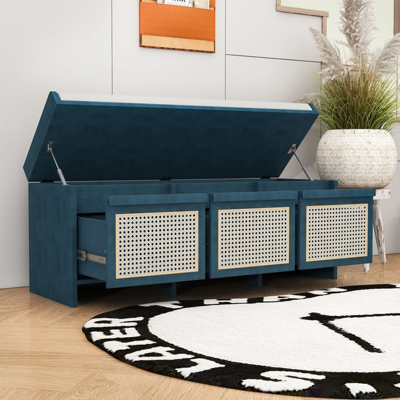 Banc de rangement avec tiroirs en rotin, rangement dissimulé et coussin rembourré, Antique Navy