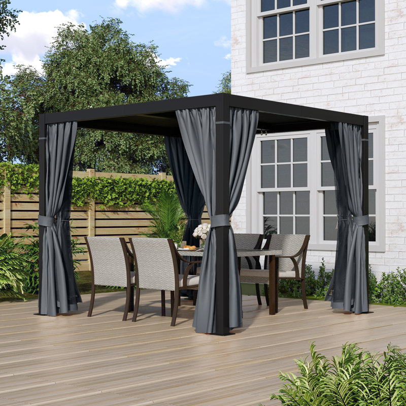 Aluminum Louvered Pergola with Adjustable Roof and Curtains, Black, 10 Ft W x 10 Ft D