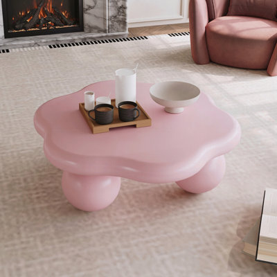 35" Pink Cloud Shaped Coffee Table, Petal-Shaped Modern Minimalist Coffee Table with Spherical Legs, Macaron Pink Kid & Pet Friendly Space Saving Living Room Table for Small Apartment, Pink